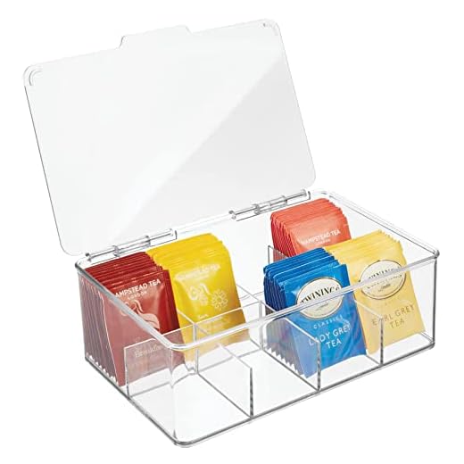 mDesign Stackable Plastic Tea Bag Holder Storage Bin Box for Kitchen Cabinets, Countertops, Pantry - Organizer Holds Beverage Bags, Cups, Pods, Packets, Condiment Accessories - Clear