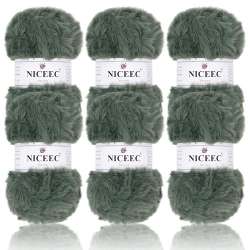Image of NICEEC 6 Skeins Soft Faux Fur Yarn 210yds /10.6oz- S60#Gray Green | Crochet & Knit, DIY Project Starter Kit,Handbag,Sun Hat,Shoes, Shopper Bag