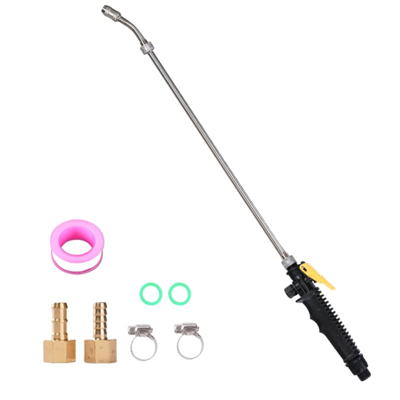 Aimela Universal Replacement Sprayer Wand Stainless Steel with Shut Off Valve Metal Finish 1/4 & 3/8 Brass Fittings Garden Spray Nozzle Set with Hose Clamps & Teflon Tape (29 Sprayer Wand)
