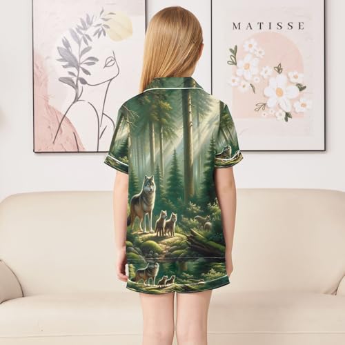 ALAZA Wolf Family Landscape Satin Pajamas Set Short Sleeve Button Down Sleepwear Summer Pjs 2 Piece4