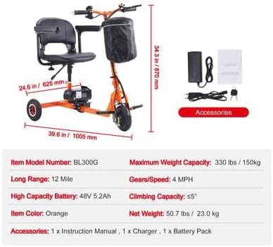 Image showing the Happybuy mobility scooter with its dimensions and a separate box containing accessories: charger, keys, and instruction manual.