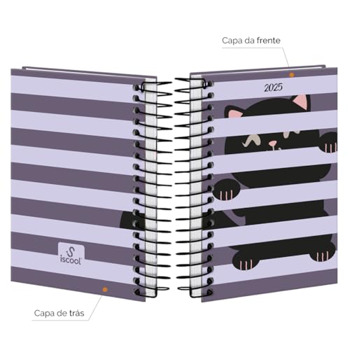 Agenda Mini 2025 Capa Dura Listras Lilás Gato Preto