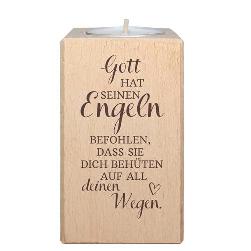 Teelichthalter mit Spruch Gott hat seinen Engeln befohlen, DASS sie Dich behüten auf All Deinen Wegâ€¦ – Miniatur