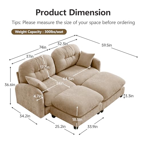 Image of KEIKI 74 inch Oversized Chenille Modular Sectional Loveseat Sofa with 2 Ottoman, High-Density Foam Cushions, Tufted Pleated Cushion Backrest, Modern 2-Seater Couch with 2 Pillow, for Living Room, Camel