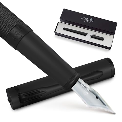 SCRIVI PENS - Black Fountain Pen | Extra Fine Nib | Fountain Pens Set Luxury Refillable Fountain Pen with Ink Cartridges | Best Fountain Pens for Smooth Writing, Sketching and Calligraphy