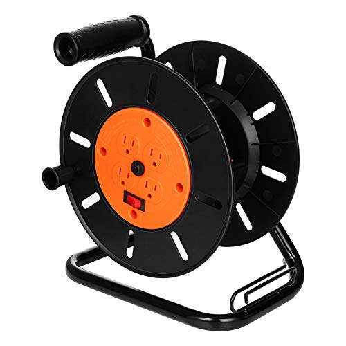 Image of SURAIELEC Extension Cord Storage Reel, 15 AMP Overload Switch, 4 Outlets, Holds 100 ft 16 /3, 14 /3 or 75ft 12 /3 Cord, Hand Crank Electric Empty Power Cord Spool, (3, Black)