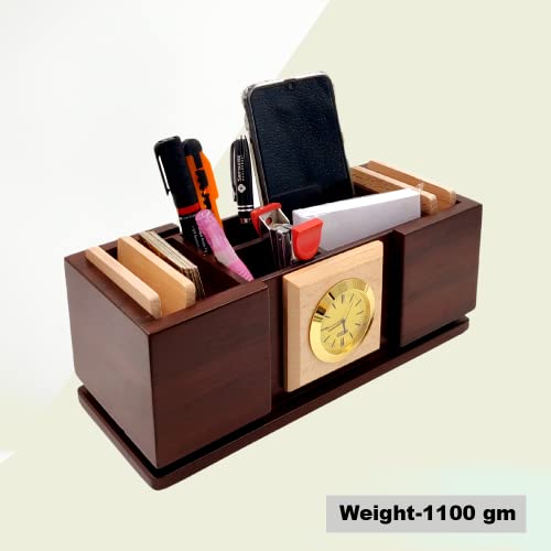 Image of Woodhouse Wooden Pen Stand with Clock, Office Table & Study Table Organiser, Brown