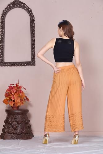 Image of VIVIKA Chikankari Palazzo Pants for Women |Rayon Wide Leg Ethnic Palazo with Embroidery | Comfortable Elastic Waist Women's Palazzo for Casual, Festive & Office Wear