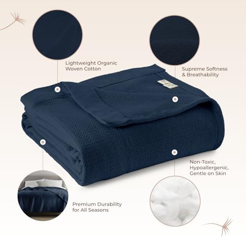 Image of 100% Organic Cotton Blanket - GOTS & Fairtrade Certified Organic Cotton Throw Blanket for Bed with a Heavy & Breathable Single Knit Weave - Great as Bedspread or Coverlet (Navy, King /Cal King)