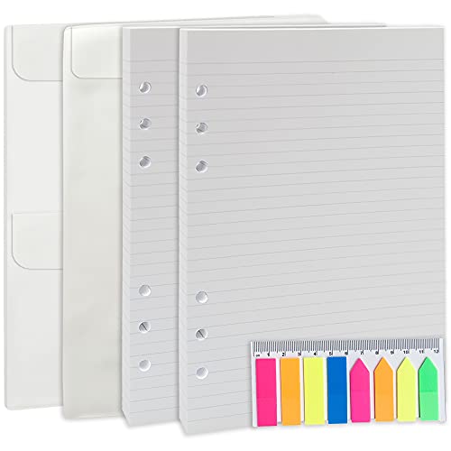 A5 Refill Paper & 2 Pieces A5 Binder Pockets & 1 Pack 160 Pieces Index Tabs With Ruler, Refills For Filofax Planner, Organizer, 6 Hole Punched, 90 Sheets/180 Pages, 100Gsm, White Paper, 5.8 X 8.2 Inch #TOP5