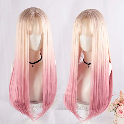 Meat Powder Gradient Peach Pink Long Straight Synthetic Hair Natural Lolita Japanese Cosplay Party Sweet Wigs