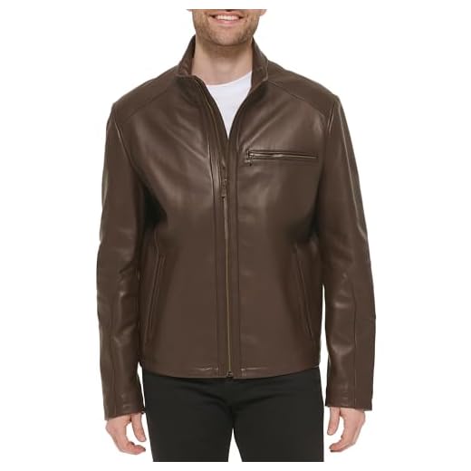 Cole Haan Men's Smooth Lamb Leather Moto Jacket, Java, Medium