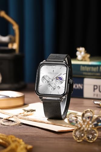 Image of London Fog Hampstead Collection Chronograph Watch for Men with Square Dial, Luminous Hands & Hour Markers, Date Display & Mesh Metal Strap - LFM10007