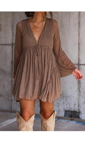 Womens Casual Long Sleeve Babydoll Dress for Party Fall 2025 Texture Mesh Swing Mini Beach Vacation Flowy Dress2