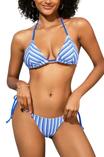 SHEKINI Tejido de Rizo Sexy Traje de Baño Mujer 2 Piezas Triángulo Cintura Baja Bikini Mujer Set Halter Bañador Mujer 2 Piezas(L, Raya Azul)