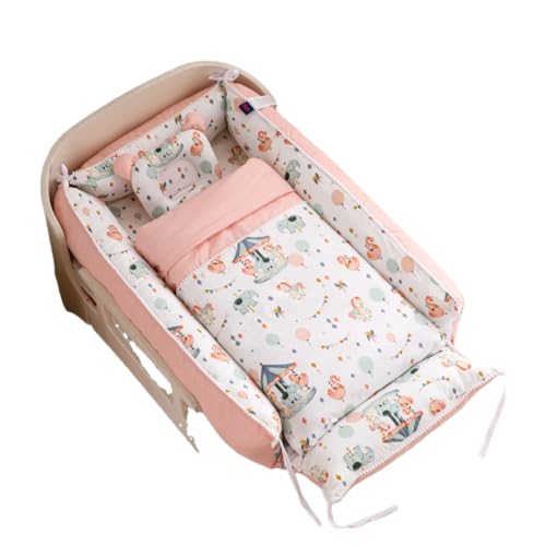 AOUTN両面純綿ベビーベッド、ポータブル抗圧力ハイサイド授乳ベッド、新生児、ガードレール、折りたたみ式、新生児用添い寝、通気性、取り外し可能、洗える、0-36ヶ月、ベビークッション、出産祝い、キルトと枕を含む (バルーントロイの木馬【キルト付き】)