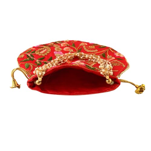 Image of Handcrafted Potli Purse with Golden Floral Embroidery and Pearl Accents