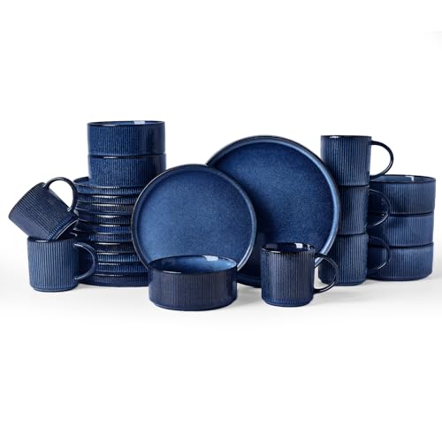 Image of Famiware Star 24-Piece Stoneware Dinnerware Sets, Service for 6 - Reactive Glaze Mugs, Plates and Bowls, Dishes for Everyday /Formal Use, Chip /Scratch Resistant, Microwave /Dishwasher Safe, Nebulas Blue