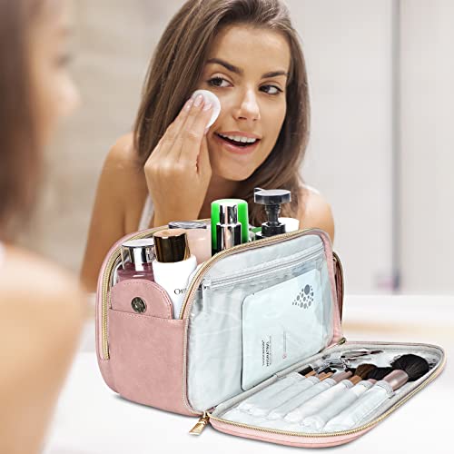Boomrich Toiletry Bag For Women, Water-Resistant Leather Toiletry Organizer, Travel Cosmetic Bag Makeup Bag, Large Dopp Kit For Toiletries Accessories, Pink #TOP5