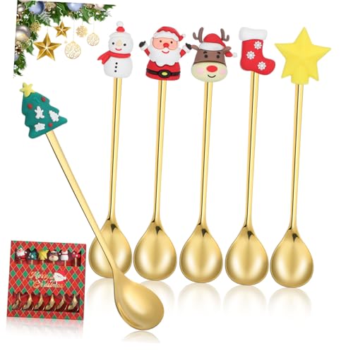 Cabilock 6個 クリスマスデザインステンレス製ゴールドティースプーン おしゃれなコーヒースプーン かわいいスター サンタ柄 ホームパーティ