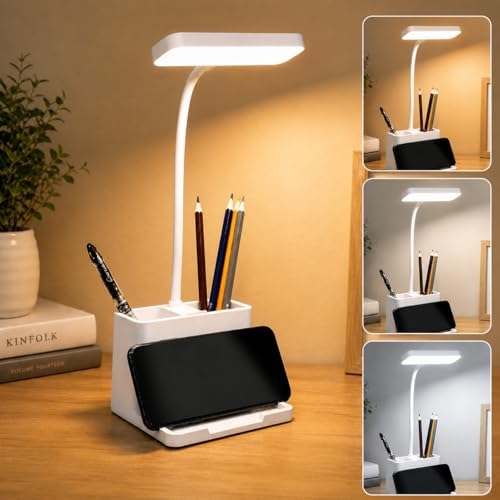 FLYNGO Plastic 3 Color Mode Led Study Table Desk Lamp For Students With Pen & Phone Holder Rechargeable Touch On/Off Studying (204White)