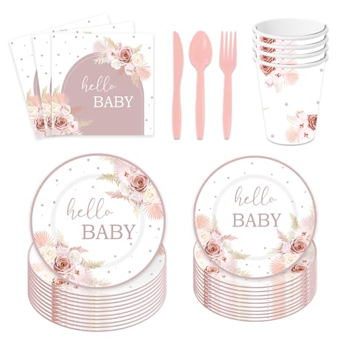 AEMUYA 168PCS Boho Baby Shower Party Dinnerware Supplies Pampas Grass Floral Rainbow Tableware Set for 24 Guests Includes