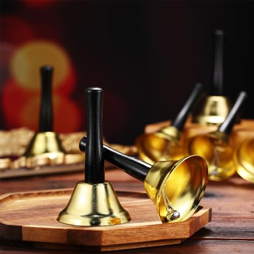 Fumete 100 Pcs Metal Ringing Bells Wedding Dinner Service Call Steel Handbells with Wooden Handle for Wedding Decors Schools Musical Percussion the Sick Elderly Alert(Gold)
