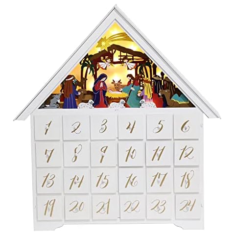 Christmas Wooden Advent Calendar Nativity Scene Large House with Drawers and Led Lights PIONEER-EFFORT (white) Cover