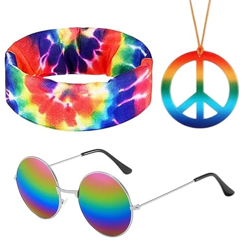 MUNSKT Juego de 3 piezas de disfraz hippie de girasol, diadema de girasol y collar con signo de paz, lentes de sol redondos para accesorio de disfraz