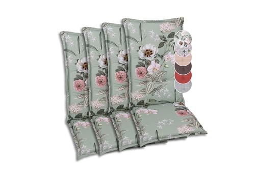 GO-DE Textil Bequeme und attraktive Polsterauflagen für Hochlehner-Gartenstühle (4er-Set, Orchidee Salbei, Hochlehner)