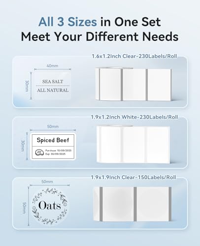 Image of NIIMBOT 3 Rolls Labels, 50x30mm White / 40x30mm White / 50x50mm Round Clear, Compatible with B1 B21 B21 Pro Label Maker, for Home Kitchen Pantry Oragnization