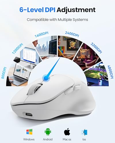 Image of TECKNET Wireless Mouse Bluetooth 5.0 /3.0 & 2.4G Rechargeable, Silent Clicks, Adjustable 4800 DPI, 6 Buttons, Ergonomic Design, Bluetooth Mouse for Laptop, Computer, ipad - White