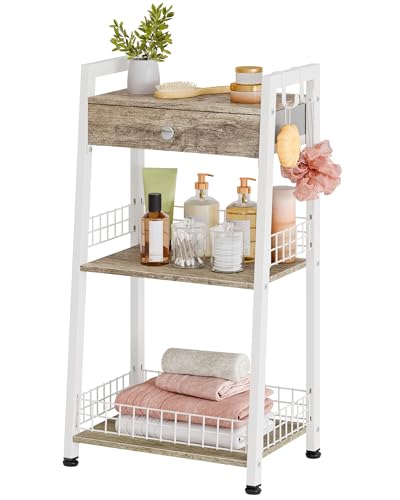 Gewudraw 3-Tier Ladder Shelf with Drawer, Bathroom Table Stand for Small Space, Standing Bathroom Shelves with Storage for Living Room Kitchen Bedroom, Organizer Shelf, White