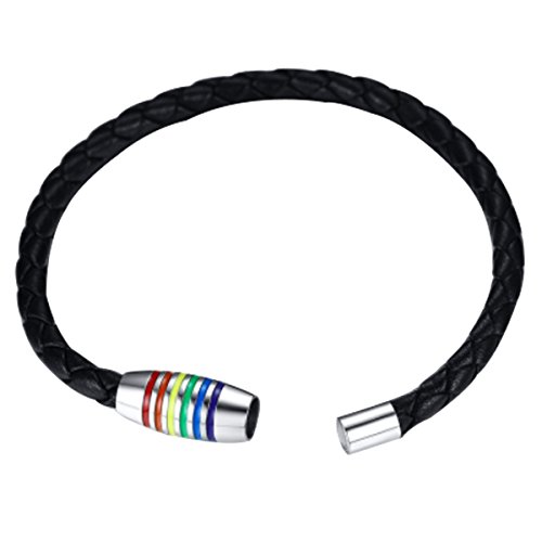 Nanafast Titanium Stainless Steel Rainbow Lgbt Pride Bracelet Handmade Braided Lgbtq Pride Bracelets Pu Leather Weave Plaited Jewelry Black(Width 5.6Mm, 8.27'') #TOP2