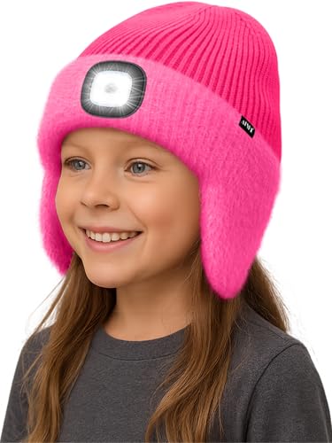 ATNKE Kids LED Lighted Lined Fleece Beanie Cap with Earflap, USB Rechargeable 4 LED Run Headlamp Hat for Boys and Girls