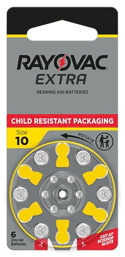 Rayovac Extra Size 10 Hearing Aid Batteries Long-Lasting Power Zinc-Air Mercury Free 1.45V Improved Child-Resistant Packaging Recyclable 60 Count (10 Packs of 6)