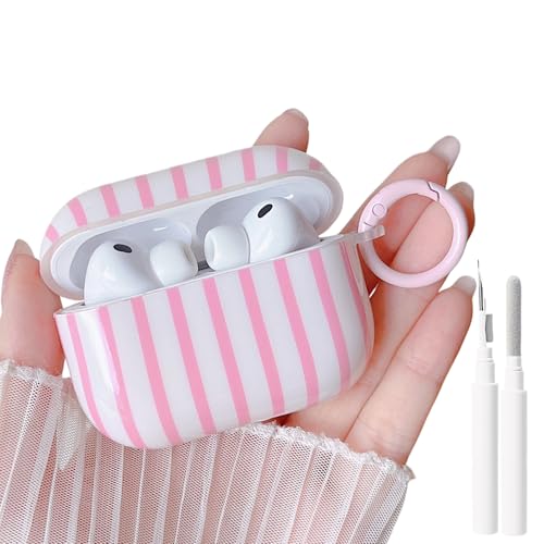 Image of MINSCOSE for AirPods Pro 3rd Generation Case (2025),Cute Striped Aesthetic Pattern Design with Girly Keychain Ring,Soft TPU Protective Shockproof Cover with Cleaner Kit for Airpods Pro 3-Pink