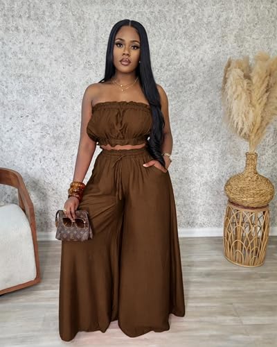 Image of Two Piece Sets for Women Summer Outfits Crop Tops and Wide Leg Pants Sets Sexy Jumpsuits Vacation Outfits with Pockets