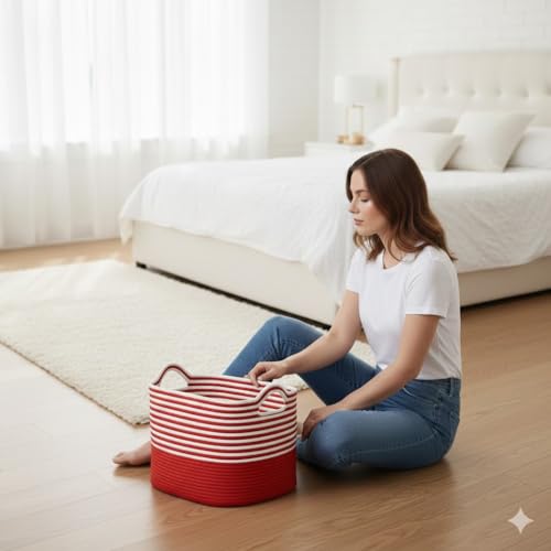 Image of Large Storage Basket, Woven Blanket Basket, Toy Basket with Handle, Laundry Hamper for Living Room, Nursery, Bedroom- 20x15x12 (LXWXH) (red mix)