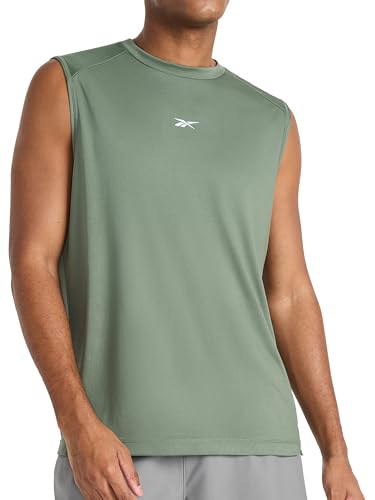 Reebok Men’s Warm-Up Solid Muscle Performance Crewneck Tank Top, Standard Fit, Lightweight Poly Performance Fabric, Duck Green, Medium