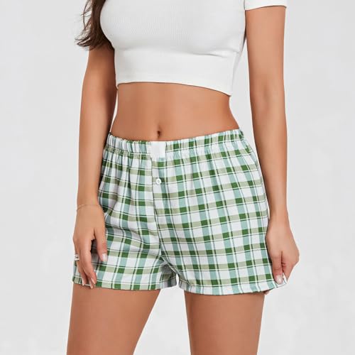 Image of Yuemengxuan Y2k Plaid Shorts Baggy Boxer Shorts for Women Elastic Waist Casual Lounge Bottom Gingham Pajama Shorts Sleepwear
