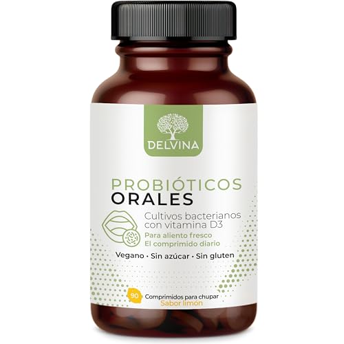 DELVINA Combate el mal aliento - 90 pastillas para la higiene bucal sin enjuague bucal ni limpiador lingual - Aliento fresco - Cultivos bacterianos con vitamina D3 contra el mal aliento, limón