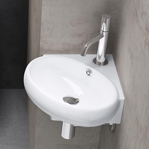 Sogood Lavabo à Suspendre Vasque à Poser en Céramique Blanc pour Toilettes Invités 395x385x145mm Brüssel002