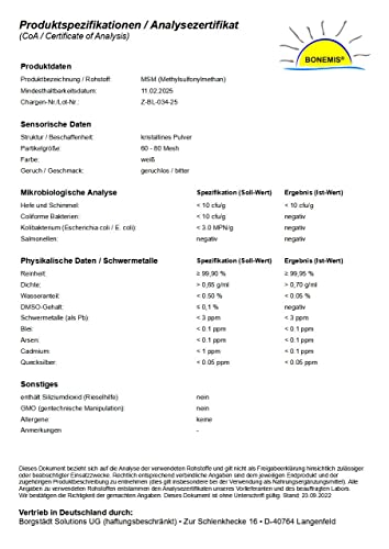 MSM, 1 kg Pulver im Beutel, Premiumqualität (99,95% Reinheitsgrad, 60-80 Mesh), ohne Siliziumdioxid, ohne DMSO-Rückstände, Bonemis®