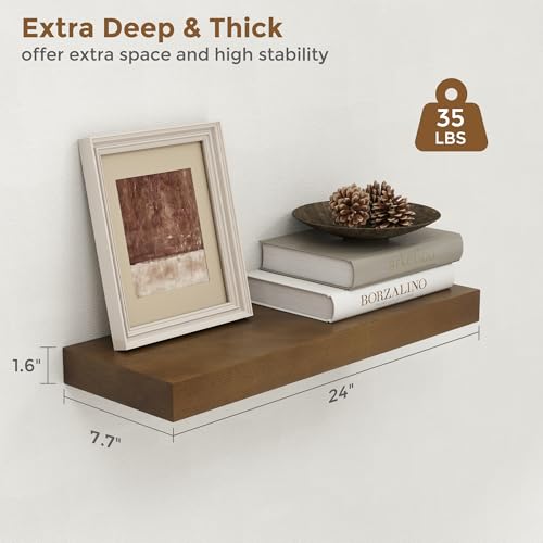 Image of Marsmiles 24 Inch Wood Floating Shelves | Rustic Dark Wood Wall Shelves Set of 2 | 24 inch W x 7.7 inch D x 1.6 inch H Wooden Shelves for Bathroom Living Room Kitchen