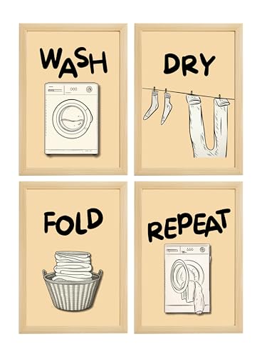Image of Mira Mest Framed Bathroom Wall Decor | Funny Quotes & Cute Animal Art Prints | Quirky Toilet Signs & Guest Bath Decorations | Minimalist Black & White Washroom Signs | Ready to Hang Toilet Humor for Home & Powder Room (Laundary Set 4 Wooden)