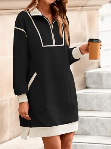 Wenrine Women's Oversized Sweatshirt Dress Half Zip V Neck Long Sleeve Contrast Fall Casual Mini Dresses3