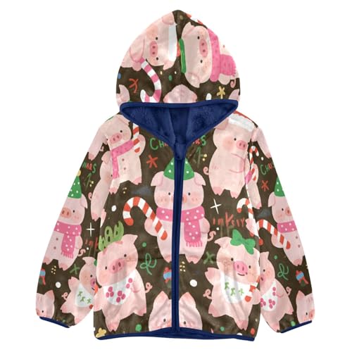 Christmas Pigs with Candy Canes_1 Toddler Fleece Jacket Girl Boys Hooded Fleece Jacket Coat Warm Outwear Zip-up 3-10T