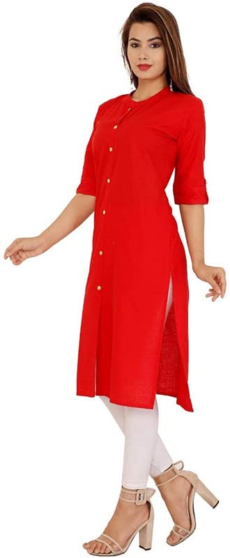 Image of Women's Cotton Mandarian Collar Neck Casual Regular Fit Side Slit Kurti