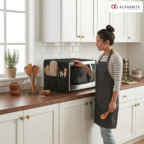 Image of Microwave Oven Top Cover - Durable, Dustproof, Waterproof Microwave Cover, Oven and Microwave Top Cover with Modern Design and 4 Side Pockets (BLACK, GENERAL)
